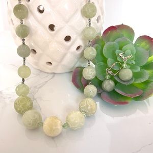 Handmade Natural Jade Beaded Necklace and Matching Earrings. 19 in. length total